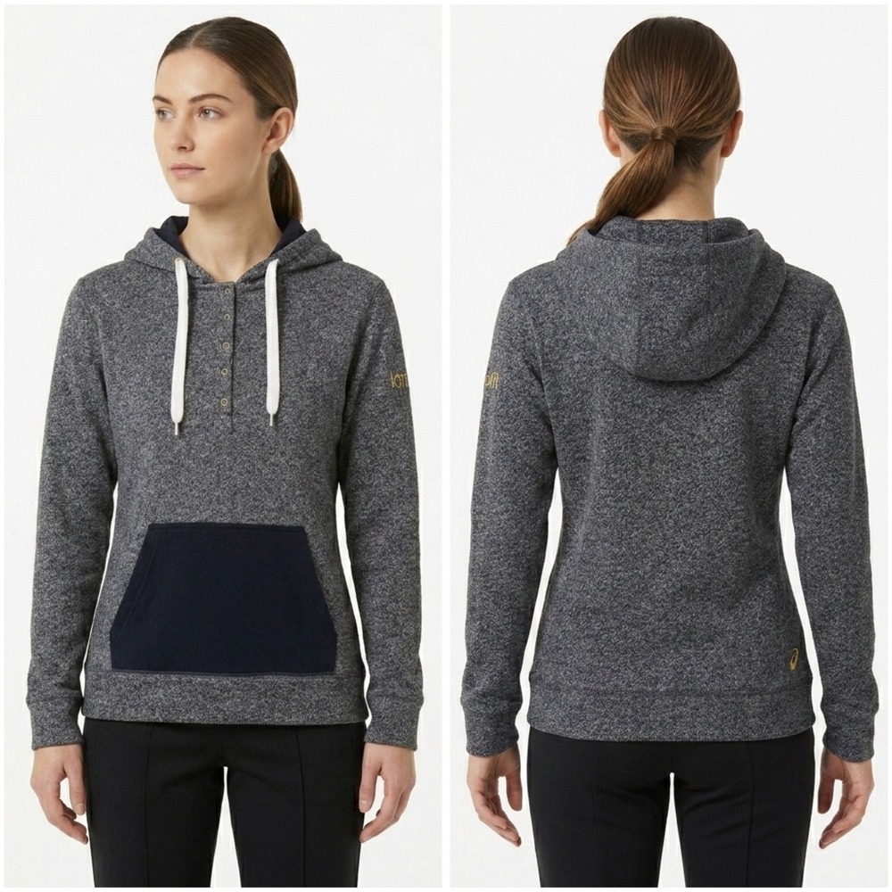 Asics Womens Gray Marl Henley Hoodie Black Pocket XS KW2777 5500121974